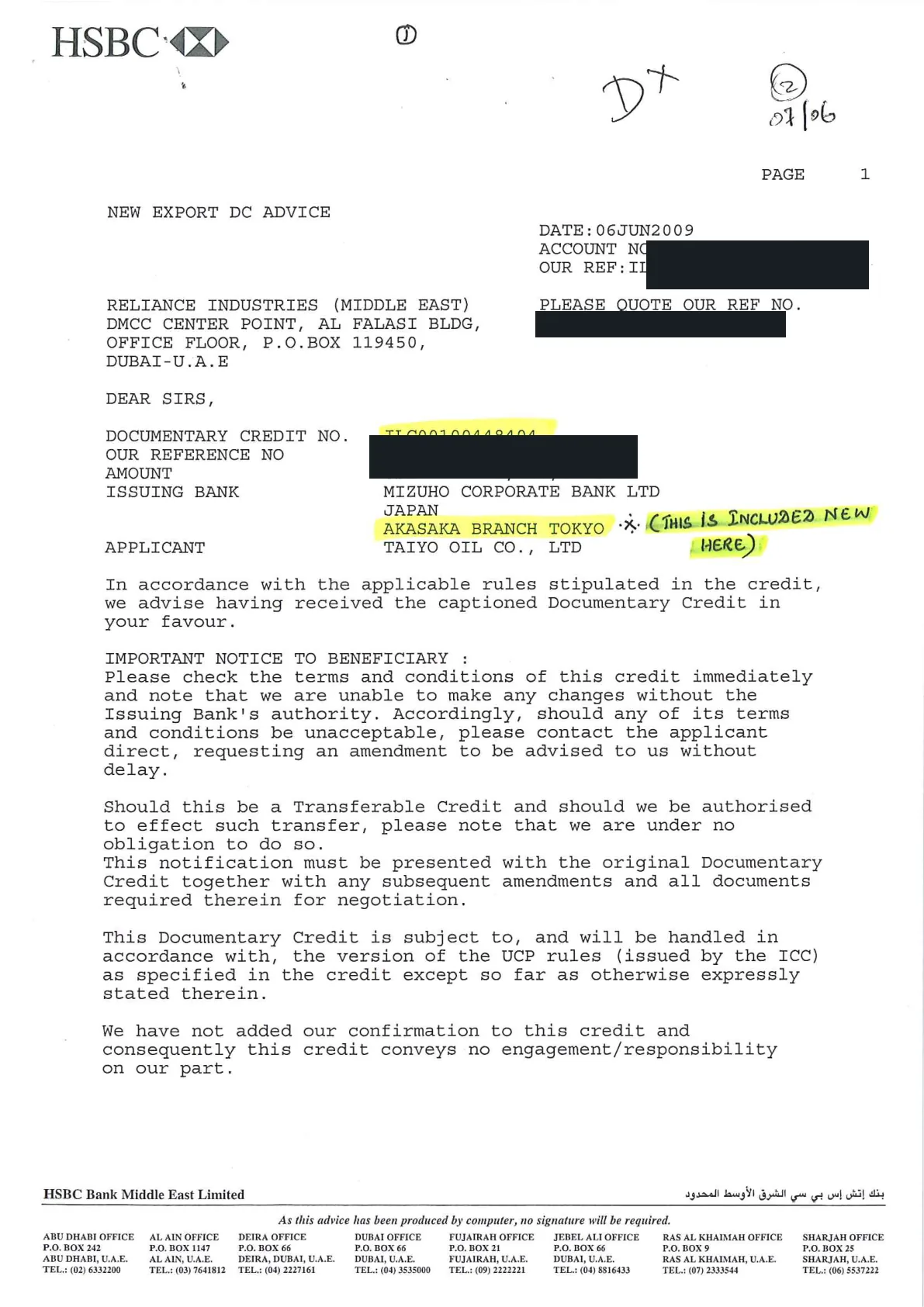 Redacted actual Taiyo Oil Mizuho LC page 1