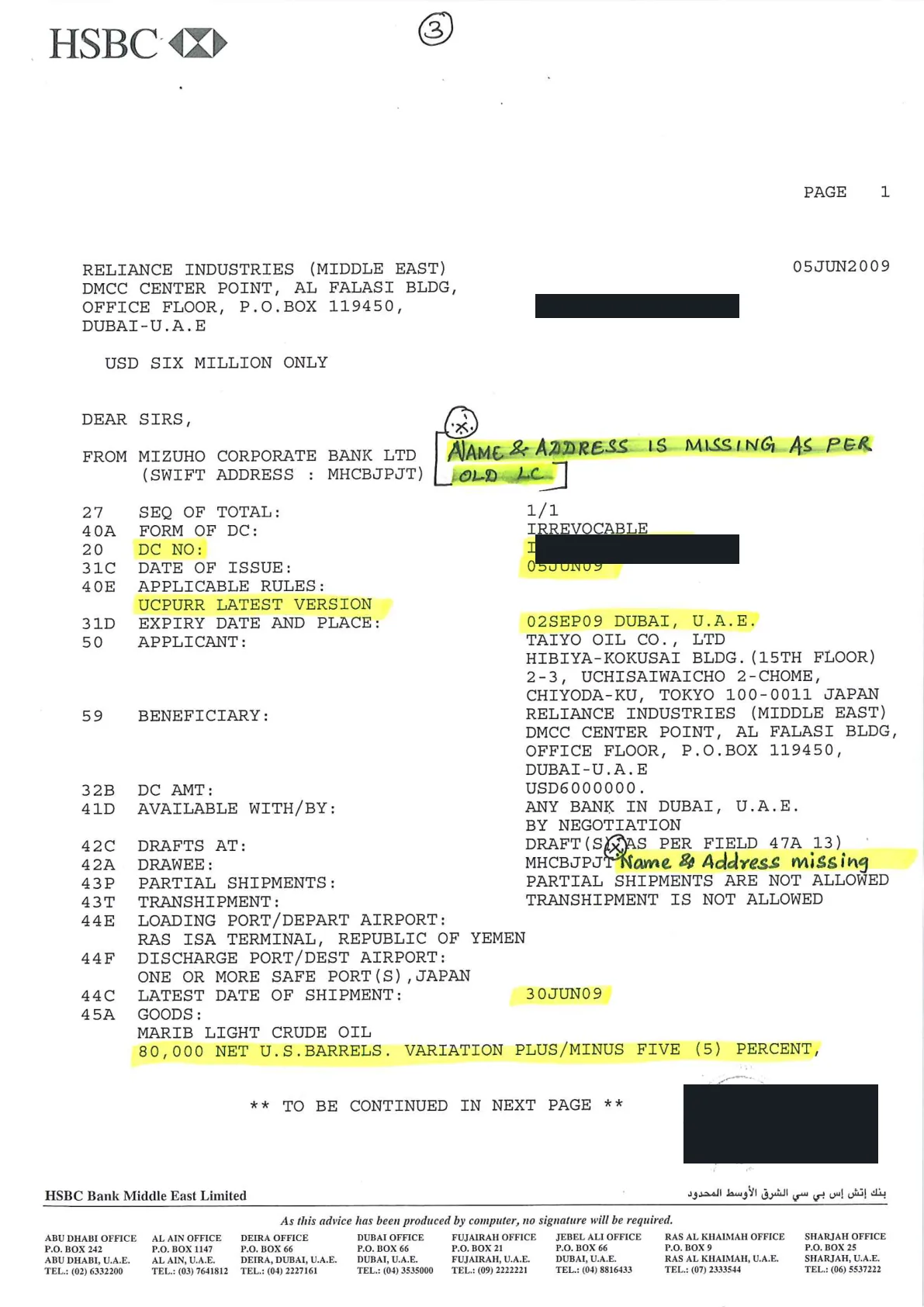 Redacted actual Taiyo Oil Mizuho LC page 3