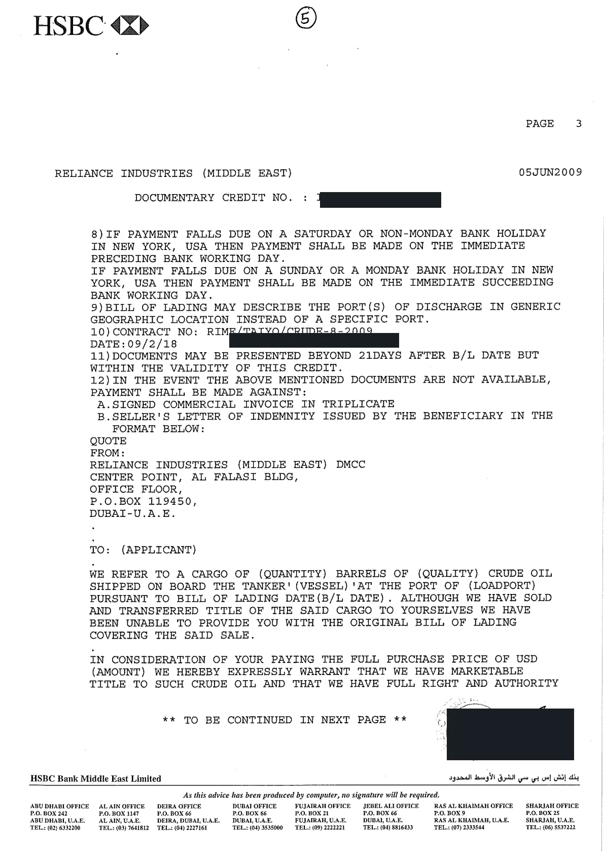 Redacted actual Taiyo Oil Mizuho LC page 5