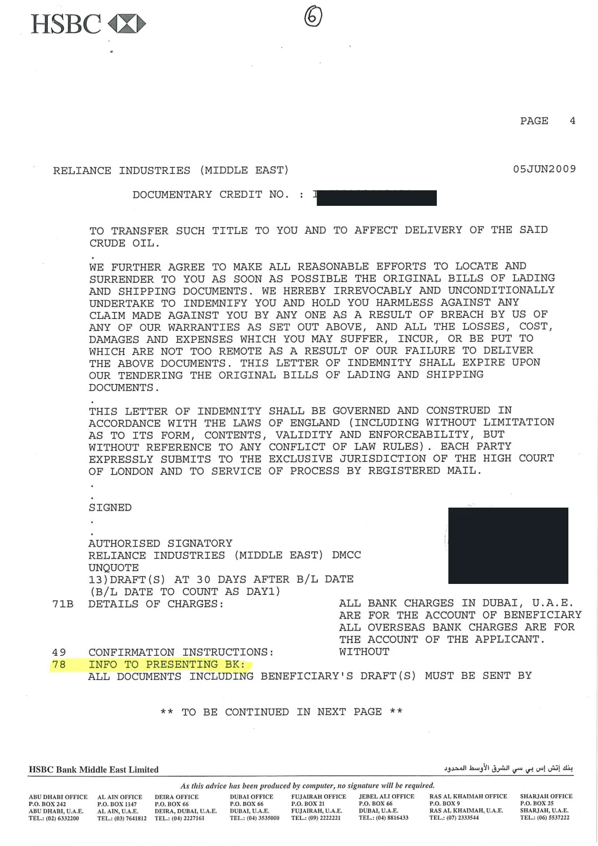 Redacted actual Taiyo Oil Mizuho LC page 6