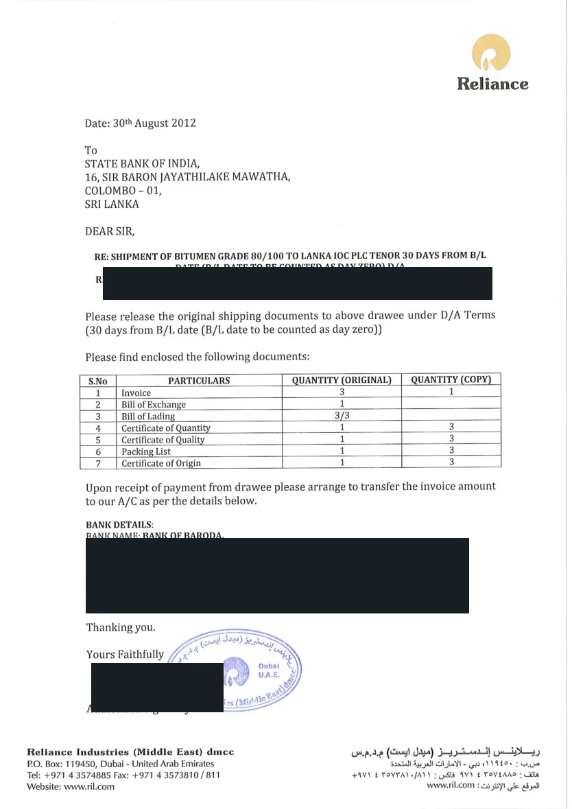 Redacted Lanka IOC shipment document transmittal under D/A terms
