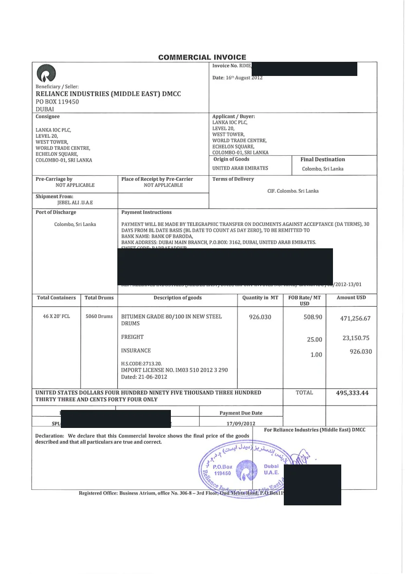 Redacted Lanka IOC commercial invoice for 926.030 MT shipment