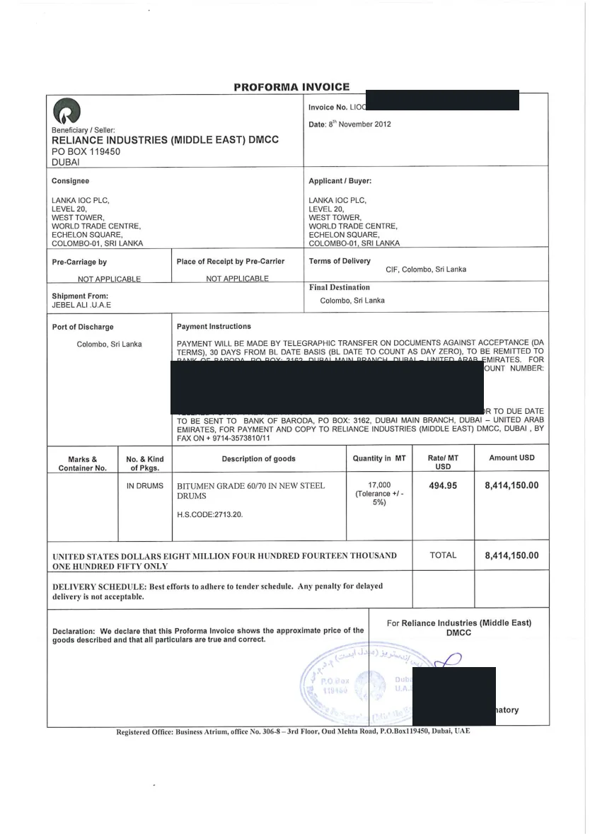 Redacted Lanka IOC 17,000 MT proforma invoice